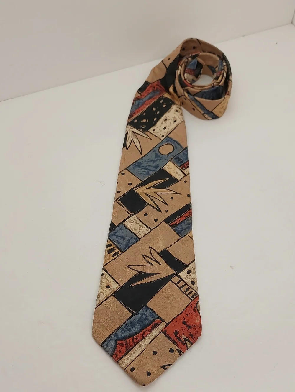 Bugatti Men's Tie Abstract Geometric Silk Tie in Tan with Blue & Red Accents